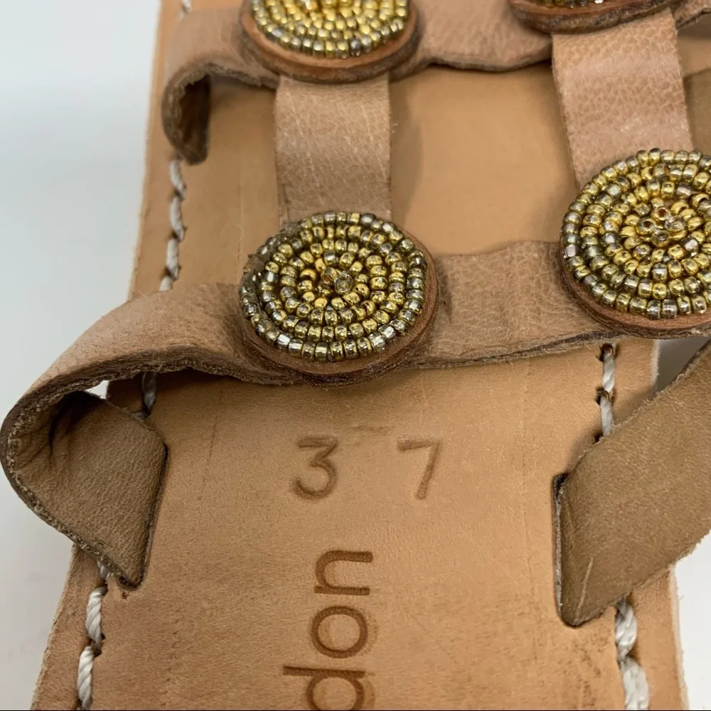 Anthropologie Laid Back London Handmade Leather Beaded Tan Gold Sandal Size 6